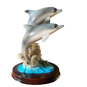 VINTAGE TWIN DOLPHIN CERAMIC SCULPTURE LEAPING OF THE WAVES ON WOOD BASE